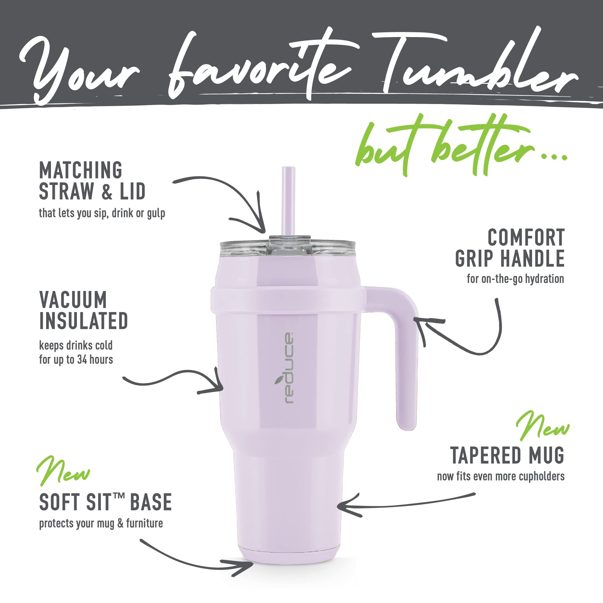 Reduce Cold1 40 Oz Tumbler With Handle - Vacuum Insulated Stainless Steel Water Bottle For Home, Office Or Car, Reusable Mug Wit